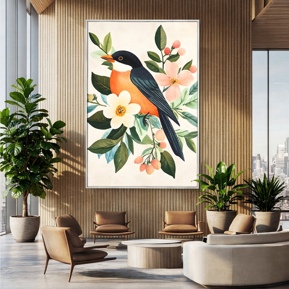 Tablou canvas cu tablou canvas cu pasare portocalie si flori, in rama de aluminiu argintiu, pe perete intr-un birou